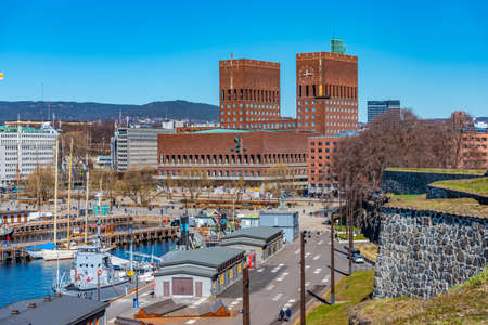 Town hall in oslo viewed from Akershus fort, Norwayの写真素材