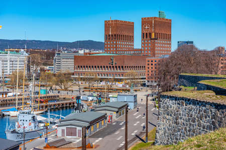 Town hall in oslo viewed from Akershus fort, Norwayの写真素材