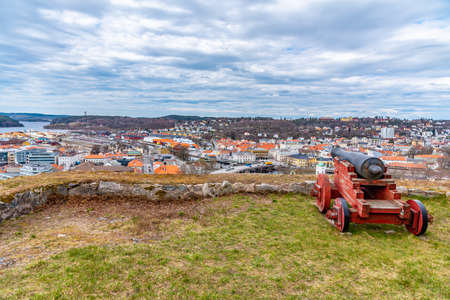Cannon aiming at Norwegian city Halden from fredriksten fortressの写真素材