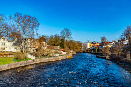 Residential buildings alongside river Gavlean in Gavle, Sweden