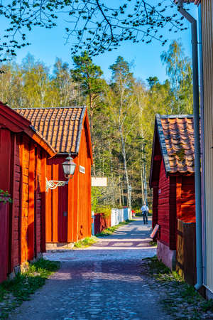 View of traditional timber houses in the old town Gamla Linkoping, Swedenの写真素材