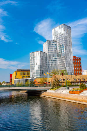 View of waterfront alongside a channel in Malmo, Swedenの写真素材