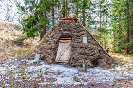 Simple huts from the remote regions of JÃ¤mtland regions displayed at Jamtli open-air museum, Ostersund, Swedenのeditorial素材