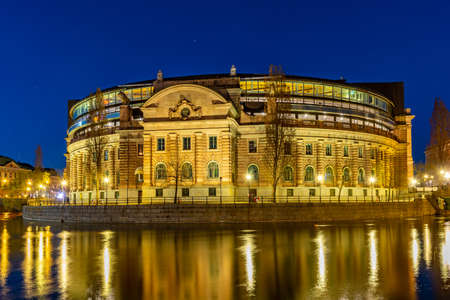 Sunset view of Riksdag - building of the Swedish parliament in Stockholm