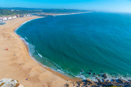 Aerial view of a beach in Nazare in Portugalの写真素材