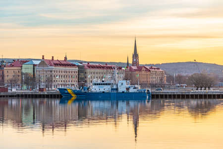 SUNDSVALL, SWEDEN, APRIL 18, 2019: Sunset cityscape of Sundsvall in Sweden