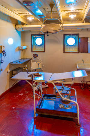 VIANA DO CASTELO, PORTUGAL, MAY 24, 2019: Hospital room at the Gil Eannes ship moored at Viana do Castelo in Portugalのeditorial素材