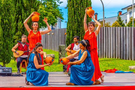 BRAGA, PORTUGAL, MAY 23, 2019: Musicians performing traditional roman music during Braga Romana festival in Portugalのeditorial素材