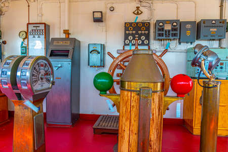 VIANA DO CASTELO, PORTUGAL, MAY 24, 2019: Control room inside of Gil Eannes ship moored at Viana do Castelo in Portugalのeditorial素材
