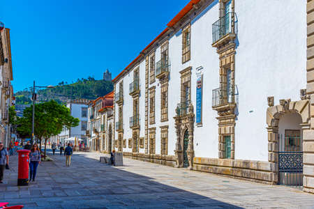 VIANA DO CASTELO, PORTUGAL, MAY 24, 2019: People are strolling at Placa da Republica square at Viana do Castelo in Portugalのeditorial素材