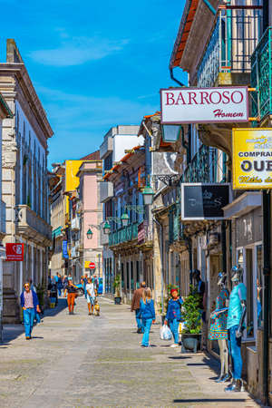 VIANA DO CASTELO, PORTUGAL, MAY 24, 2019: Narrow street in the historical center of Viana do Castelo in Portugalのeditorial素材