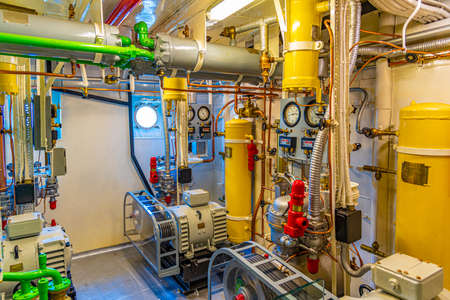 VIANA DO CASTELO, PORTUGAL, MAY 24, 2019: Machinery room of Gil Eannes ship moored at Viana do Castelo in Portugalのeditorial素材