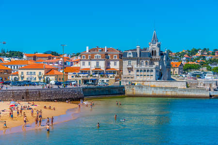 CASCAIS, PORTUGAL, MAY 31, 2019: Seixas palace viewed behind Praia dos Pescadores beach in Cascais, Portugalのeditorial素材