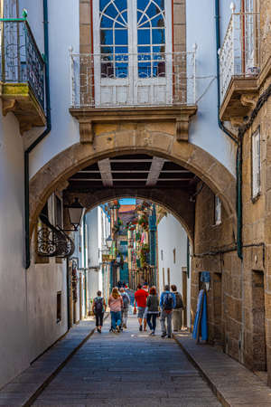 GUIMARAES, PORTUGAL, MAY 22, 2019: View of a narrow street in the old town of Guimaraes, Portugal