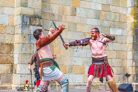 BRAGA, PORTUGAL, MAY 23, 2019: Gladiator show during Braga Romana festival reminding roman heritage of the city of Braga, Portugalのeditorial素材