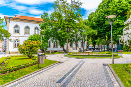 VISEU, PORTUGAL, MAY 20, 2019: People are strolling at praca republica at Viseu, Portugalのeditorial素材