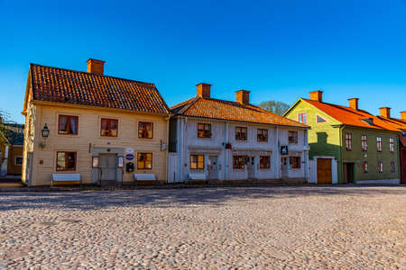 LINKOPING, SWEDEN, APRIL 23, 2019: View of traditional timber houses in the old town Gamla Linkoping, Swedenのeditorial素材
