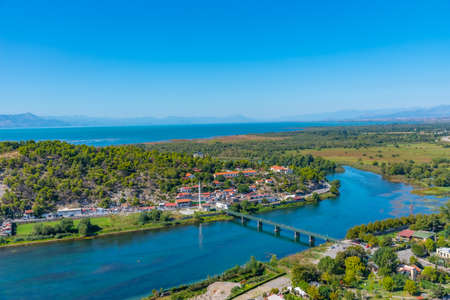 Aerial view of Buna river entering Skadar lake in Albaniaの写真素材