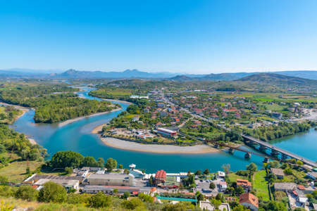 Aerial view of a bend of Drin river at Shkoder in Albania