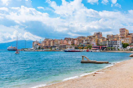 View of an empty beach at Sarande, Albaniaの写真素材