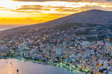 Sunset aerial view of Sarande, Albaniaの写真素材