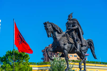 View of Skanderbeg statue at Tirana, Albaniaの写真素材