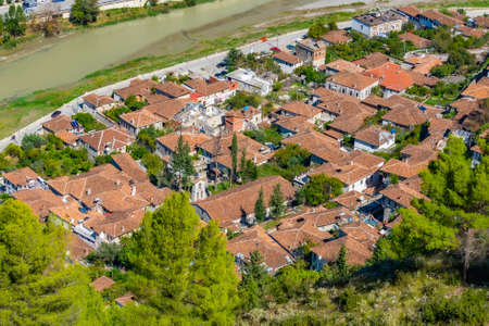 Aerial view of Gorica district in Berat, Albania