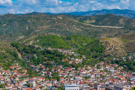 Aerial view of modern part of Berat, Albaniaの写真素材