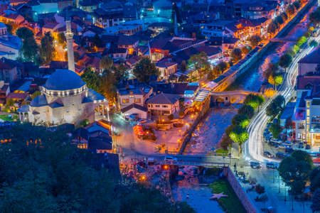Night aerial view of Sinan Pasha mosque in Prizren, Kosovoの写真素材