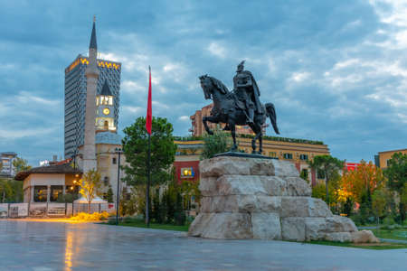 Sunset view of Skanderbeg square in Tirana, Albaniaのeditorial素材