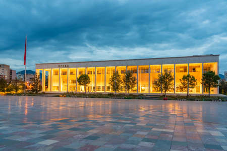 Sunset view of palace of culture in Tirana, Albaniaのeditorial素材