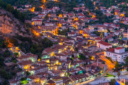 Sunset view of traditional houses in Berat aka city of thousand windows in Albaniaのeditorial素材