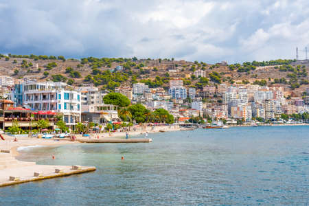 SARANDE, ALBANIA, SEPTEMBER 26, 2019: Seaside view of Albanian town Sarandeのeditorial素材