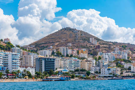 seaside of Sarande with Lekuresi castle, Albaniaのeditorial素材