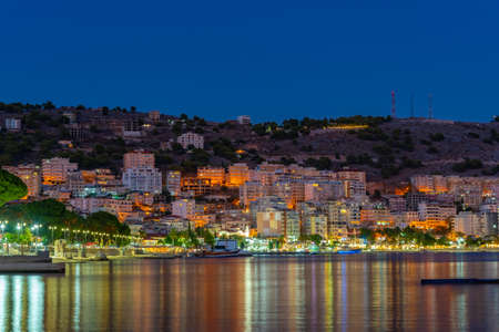 Night view of seaside of Albanian town Sarandeのeditorial素材