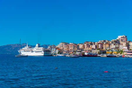View of seaside of Albanian town Sarandeのeditorial素材