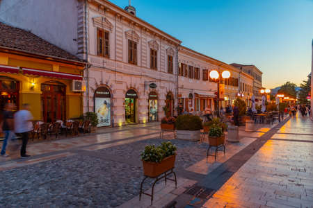 SHKODER, ALBANIA, SEPTEMBER 20, 2019: Sunset view of rruga kole idromeno street in Shkoder, Albaniaのeditorial素材