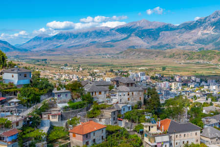 Aerial view of the old town of Gjirokaster, Albaniaのeditorial素材