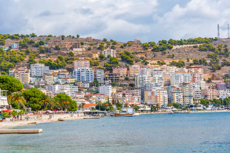 SARANDE, ALBANIA, SEPTEMBER 26, 2019: Seaside view of Albanian town Sarandeのeditorial素材