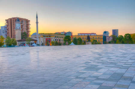 Sunrise view of Skanderbeg memorial and Ethem Bey mosque in Tirana, Albaniaのeditorial素材