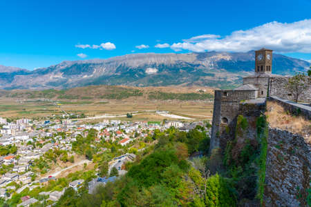 Clock tower inside of the Gjirokaster castle in Albaniaのeditorial素材