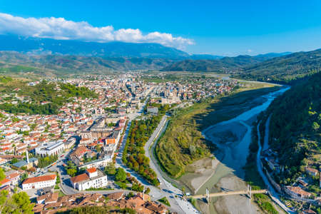 Aerial view of Berat dominated by the Albanian University, Albaniaのeditorial素材