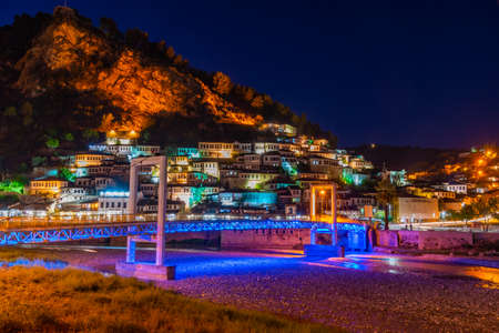 Night view of landscape of Berat with Gorica Bridge, Albaniaのeditorial素材