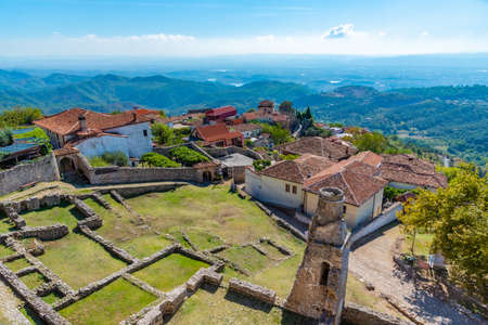 Aerial view of ruins of Fatih Sultan Mehmet mosque at grounds of Kruja castle in Albaniaのeditorial素材