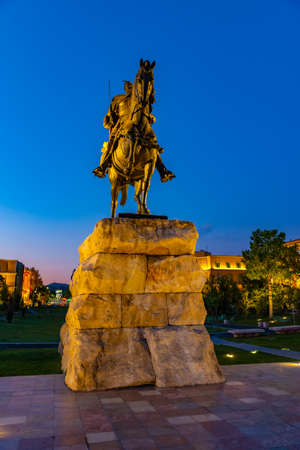 Sunrise view of Skanderbeg statue at Tirana, Albaniaのeditorial素材