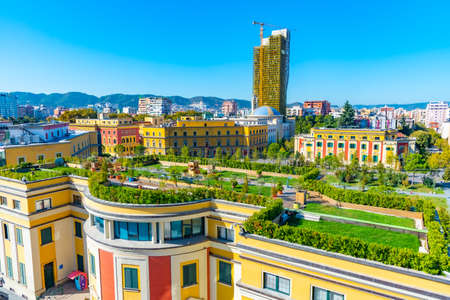Aerial view of Town Hall, Resurrection of christ orthodox cathedral and ministry of energy and industry in Tirana, Albaniaのeditorial素材