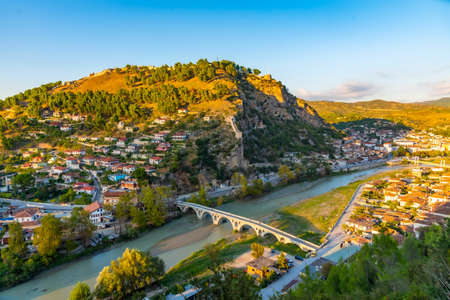 Sunset view of Albanian town Beratのeditorial素材