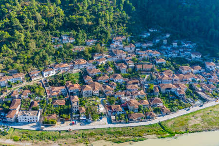 Aerial view of Gorica district in Berat, Albaniaのeditorial素材