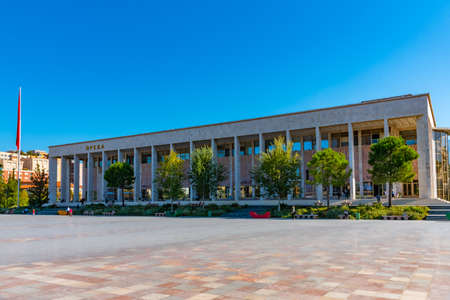 View of the palace of culture on Skanderbeg square in Tirana, Albaniaのeditorial素材