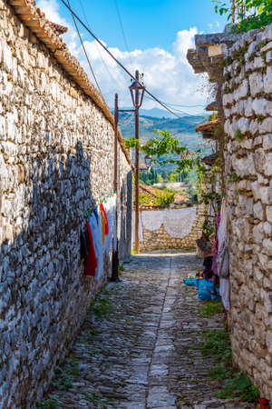 Narrow street inside of the Berat castle in Albaniaのeditorial素材